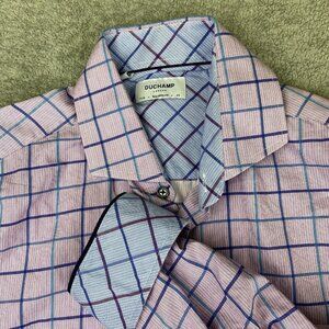 Duchamp London Shirt Mens 17 XL 43 Button Up Flip Cuff Purple Plaid Tailored Fit
